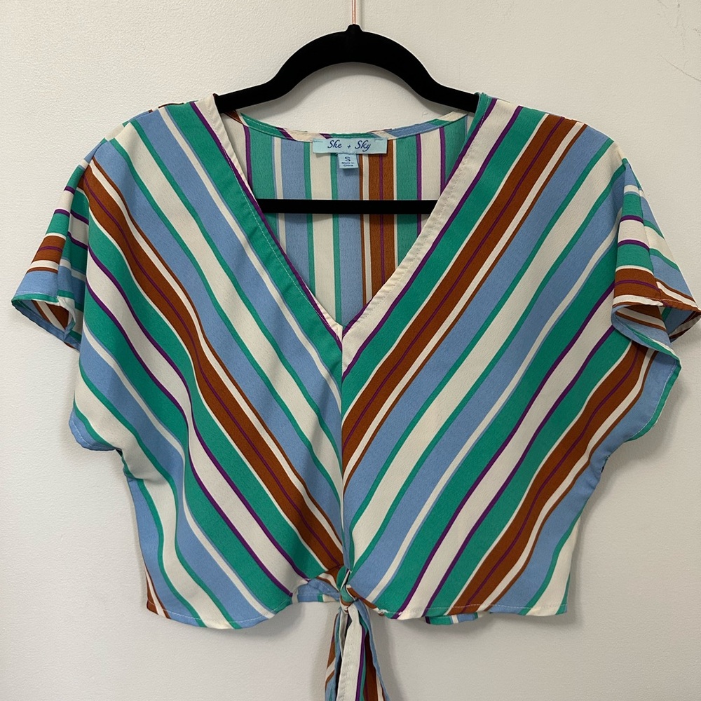 She + Sky Brown and Blue Crop Tie Front Blouse